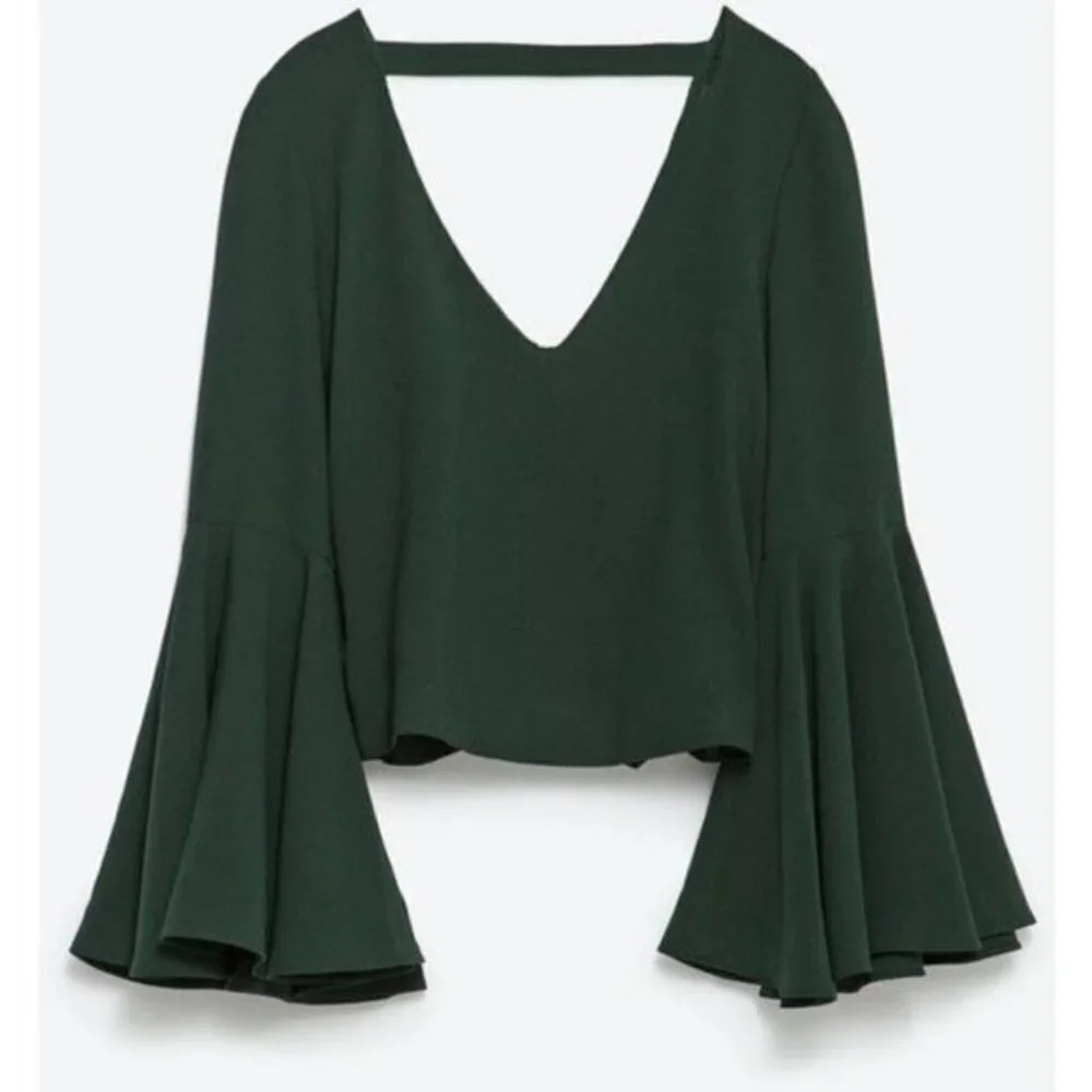 ZARA Trafaluc‎ Dark Green Cropped Bell Sleeve Top